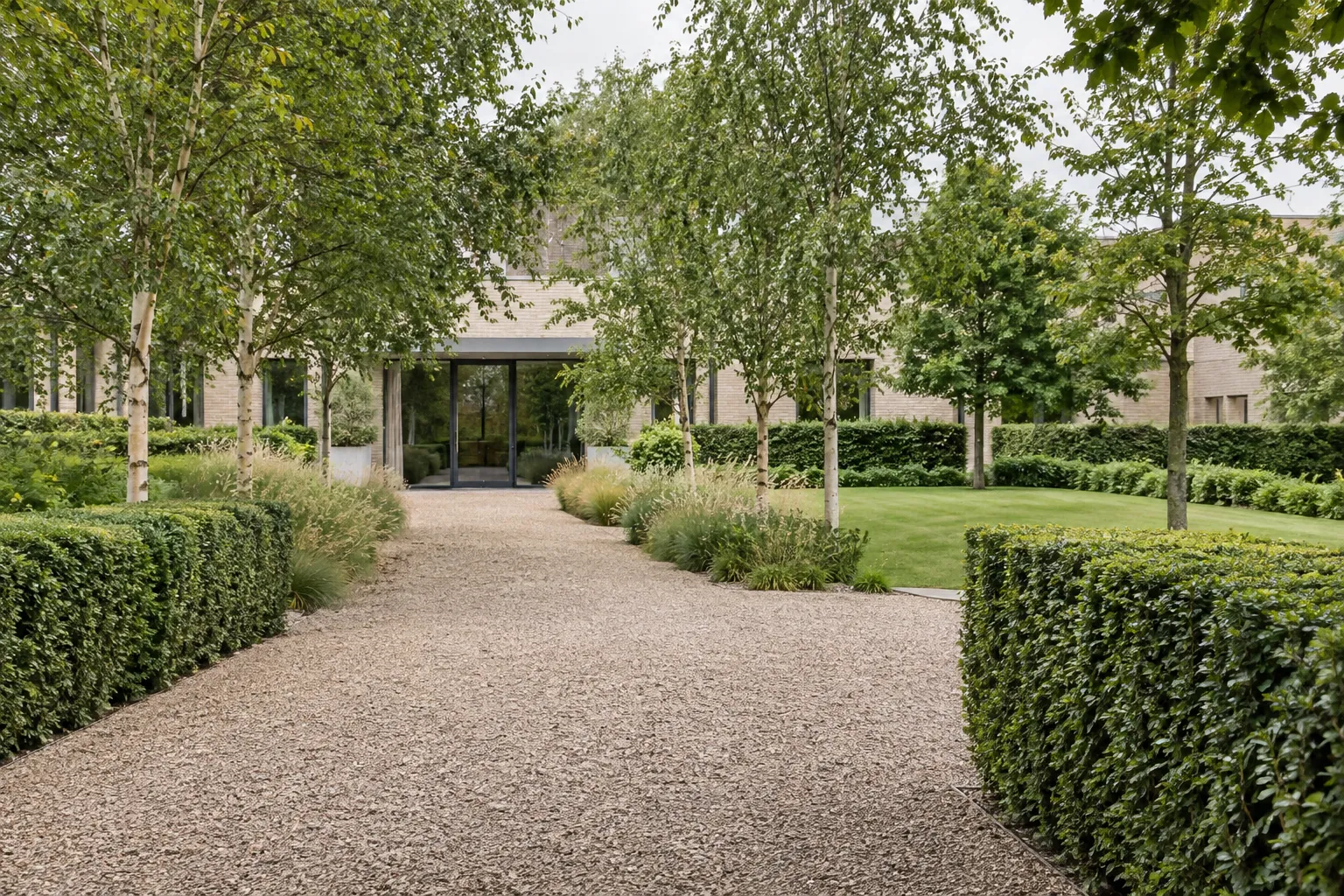 Orderly trees, clipped hedges and a clear approach to a pale brick workplace