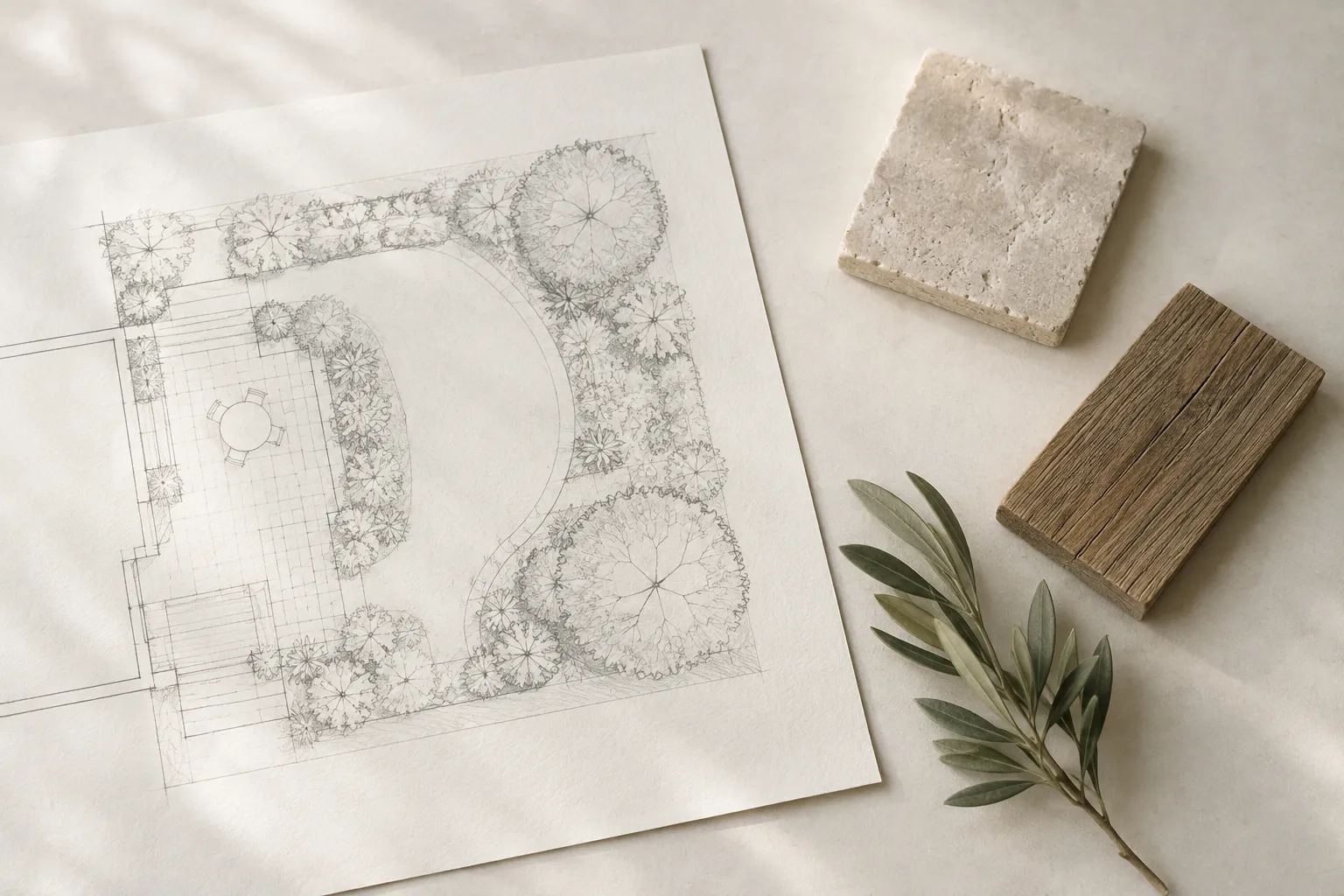 A pencil garden plan with stone and timber samples on an ivory table