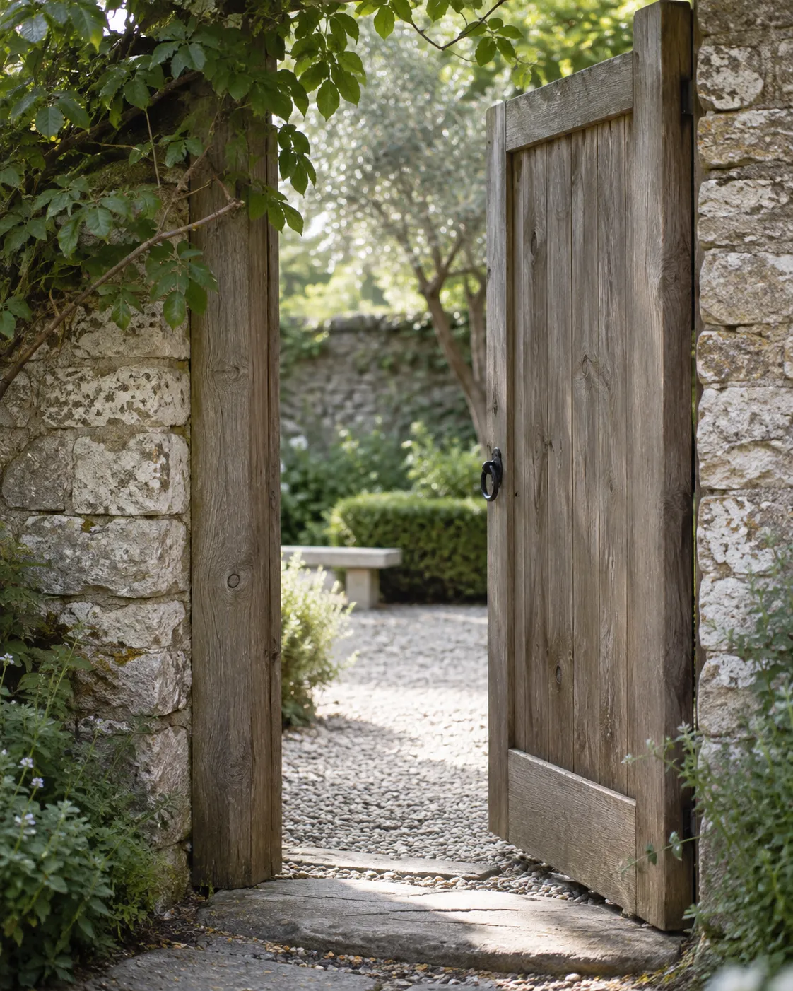 An open weathered oak gate leading into a quiet green garden