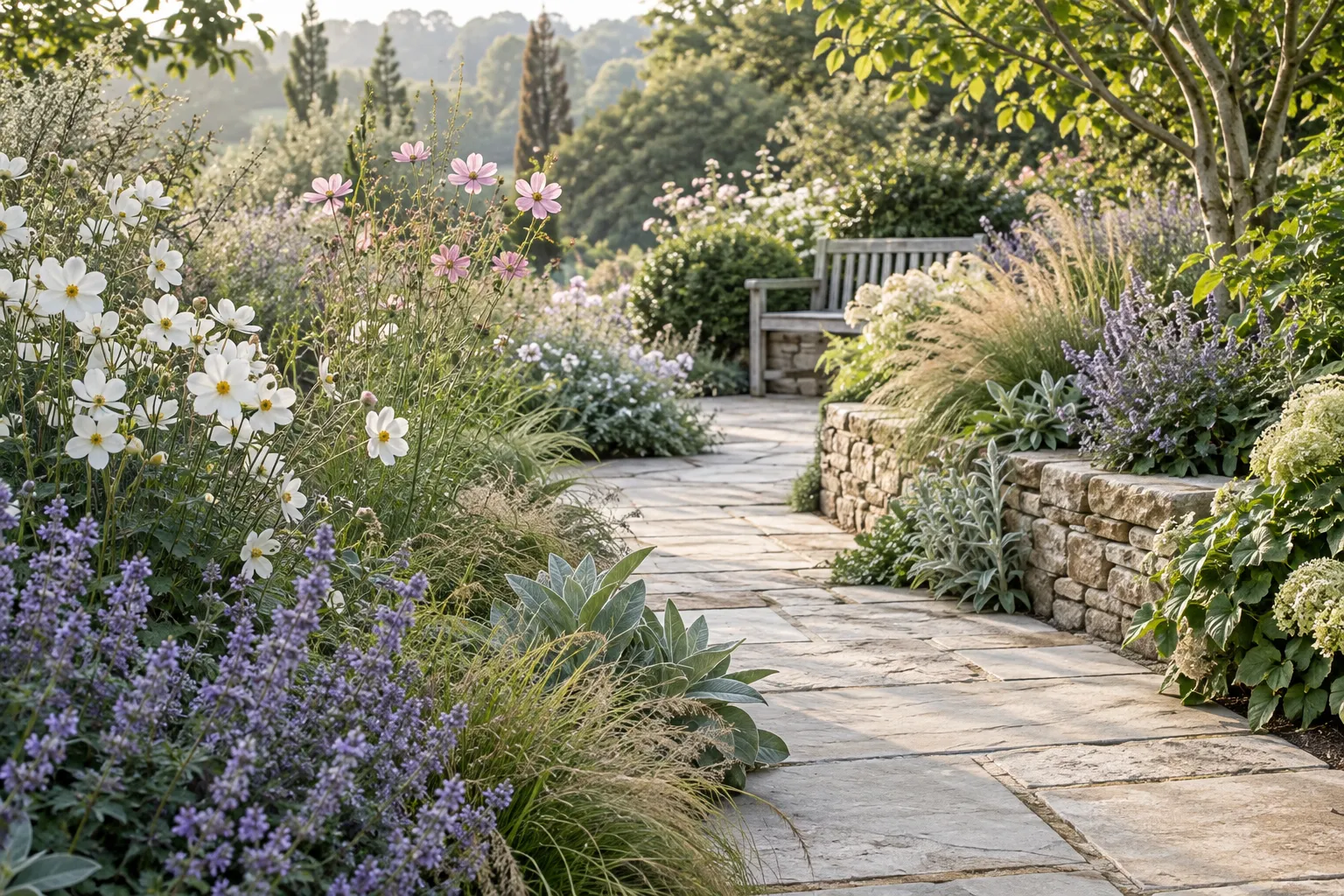 A pale stone path through loose flowering borders