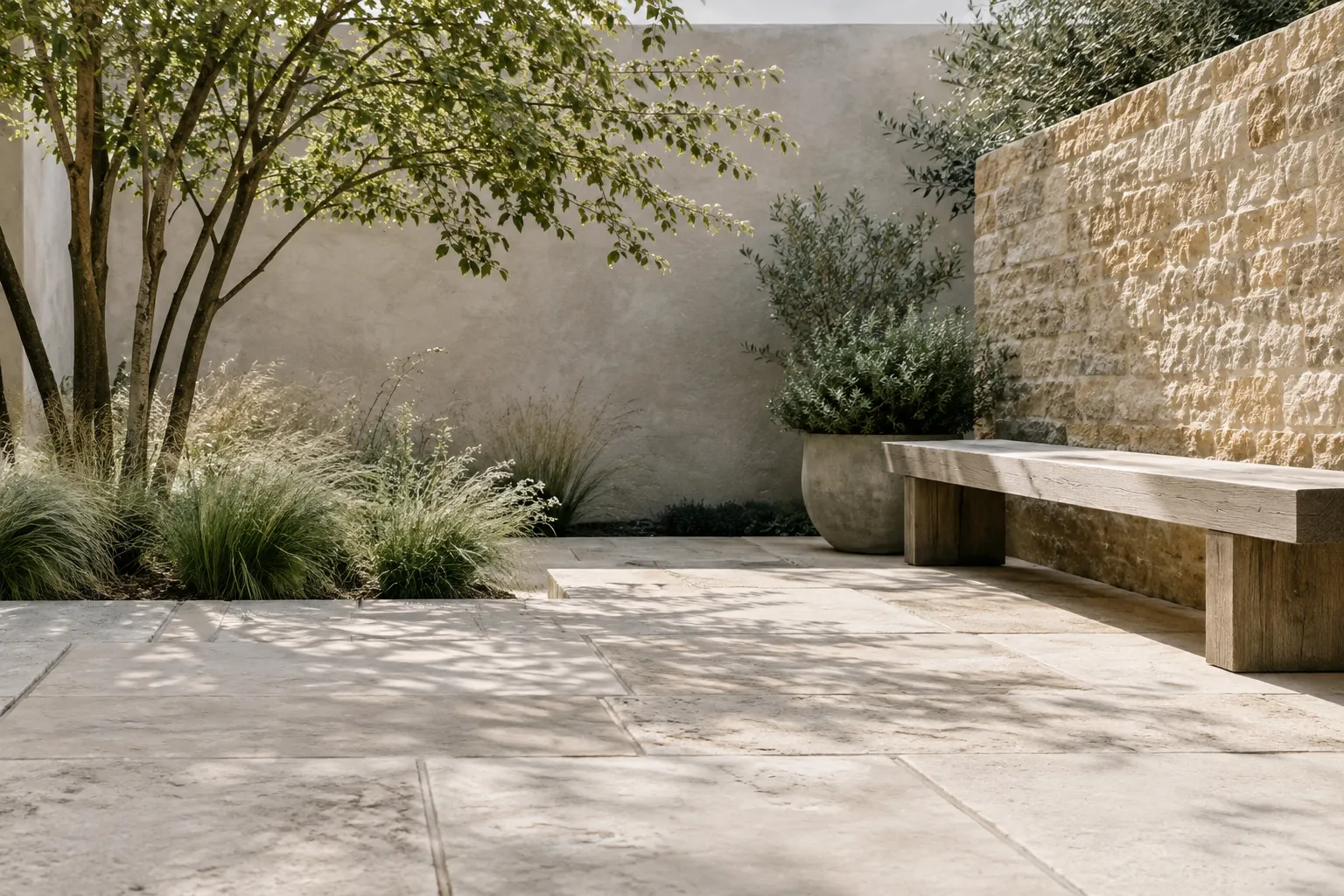 Pale limestone paving, an oak bench and a small tree in a quiet courtyard