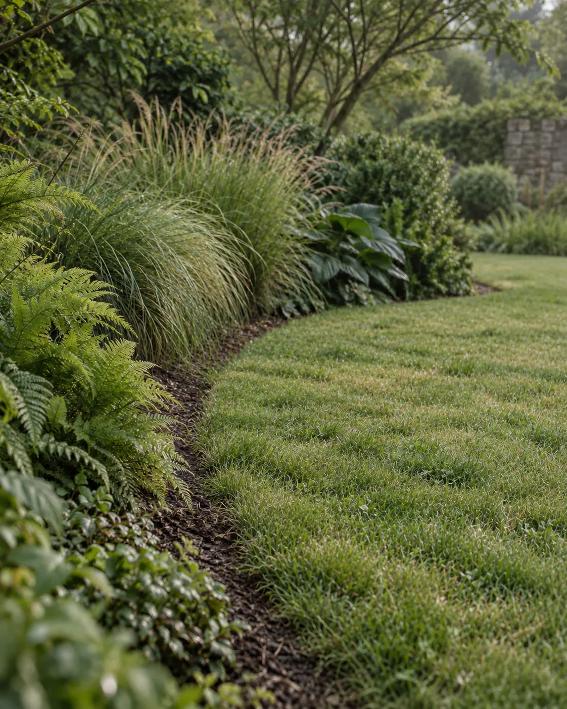 A neatly curved lawn edge beside soft grasses and leafy planting