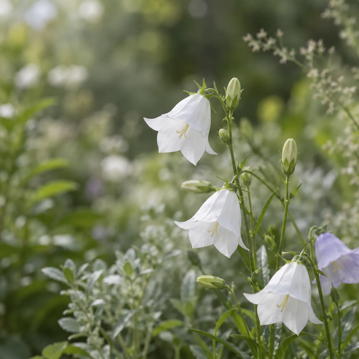 White bellflowers and a pale lilac bloom in a softly lit garden